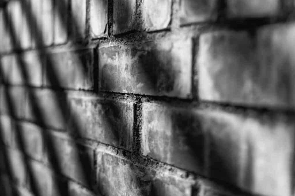 Mur en briques sombre symbolisant une barrière mentale intérieure, la peur du regard des autres et les blocages liés à la timidité.